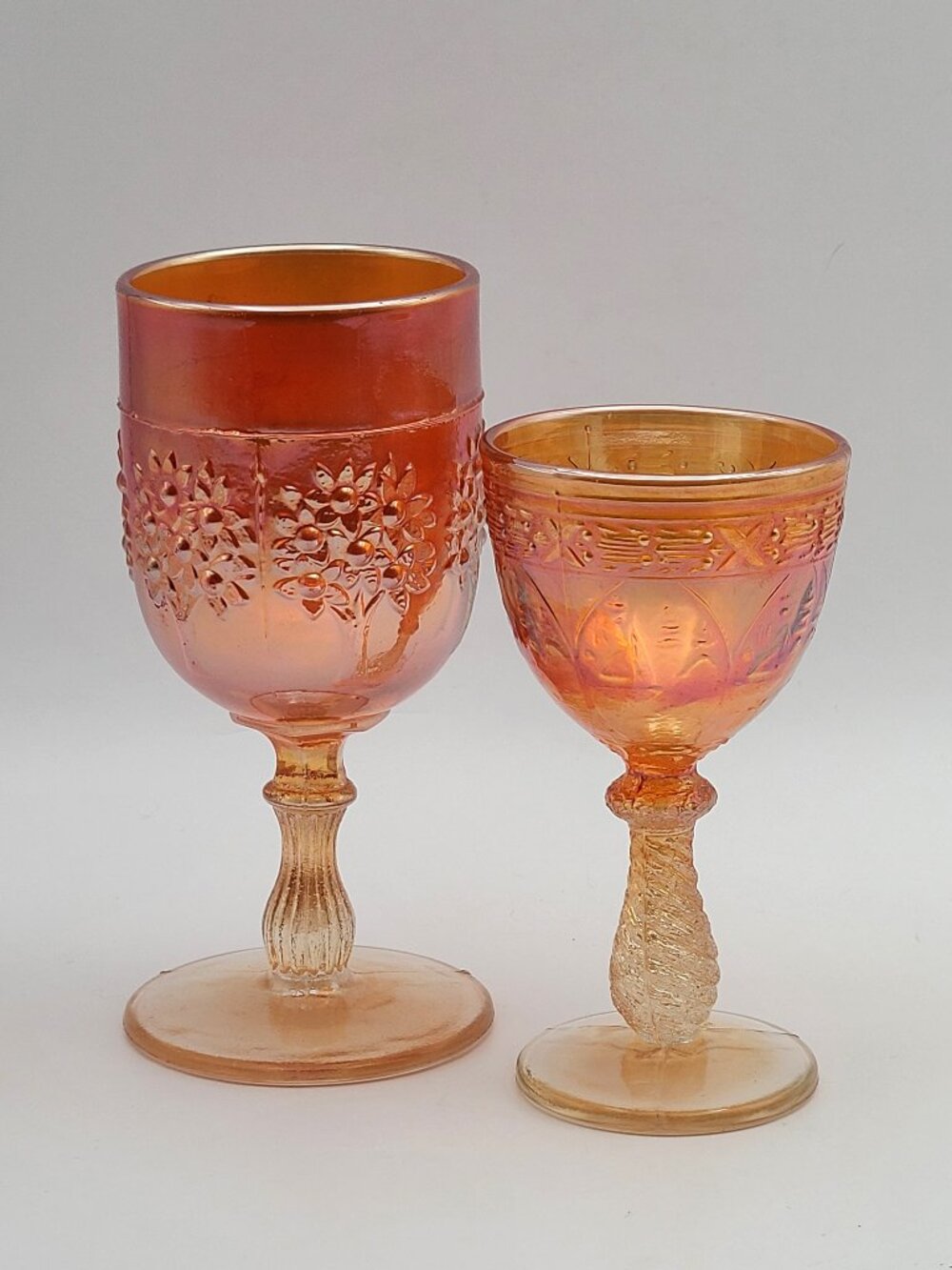 2 Fenton Marigold Carnival Glass Orange Tree Sailboats Wine Glasses